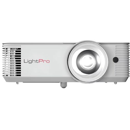 Ein weißer Projektor mit dem Namen „LightPro“ wird auf einem weißen Hintergrund gezeigt.