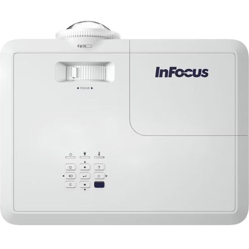 Ein weißer InFocus Projektor mit Fokusrad und Bedienfeld.