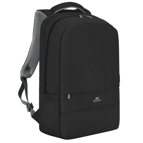 Schwarzer Rucksack mit gepolsterten Trägern und Reißverschlussfächern.