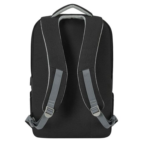 Rückseite eines schwarzen Rucksacks mit gepolsterten Trägern und einem Griff.