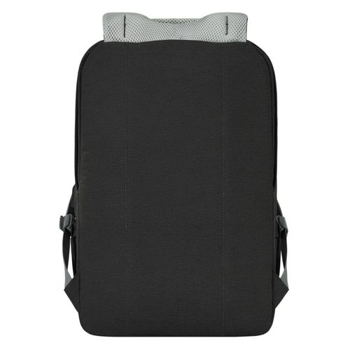 Rückseite eines schwarzen Rucksacks mit grauen Trägern und Netzpolsterung oben.