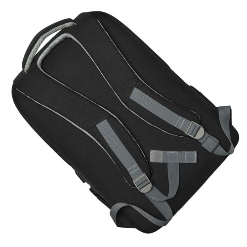 Ein schwarzer Rucksack mit grauen Trägern und weißen Nähten wird von hinten gezeigt.