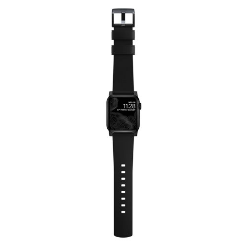 Reloj inteligente negro con correa negra y esfera de topografía. Son las 11:28.