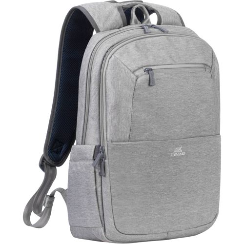 Uno zaino RIVACASE grigio con molteplici tasche con cerniera e spallacci imbottiti.