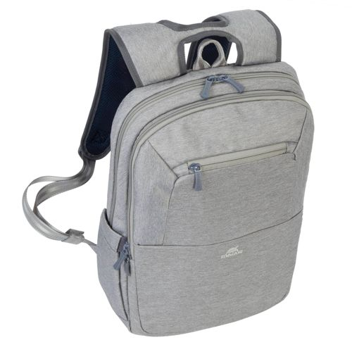 Zaino grigio con cerniere e cinghie su sfondo bianco.