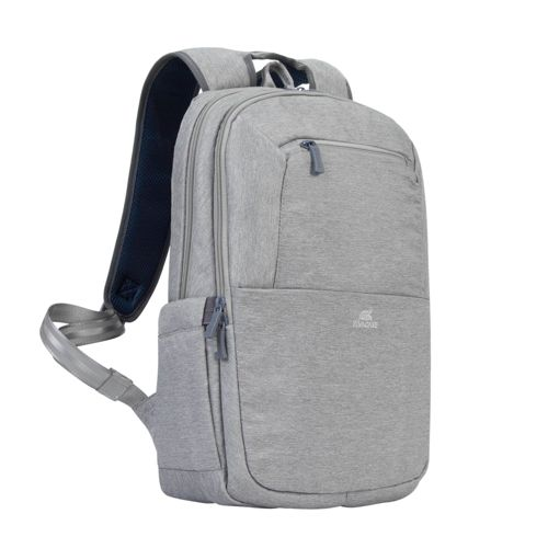 Zaino grigio con spalline e zip blu, logo sul davanti.