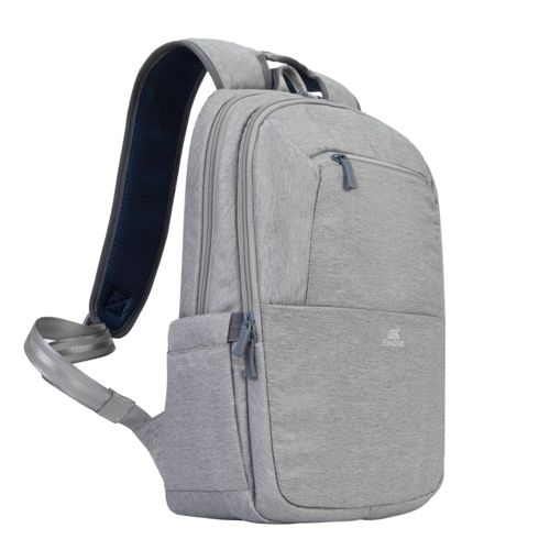 Zaino grigio con tasche con zip e spallacci imbottiti.