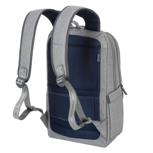 Zaino grigio visto da dietro con imbottitura in rete blu e spallacci.