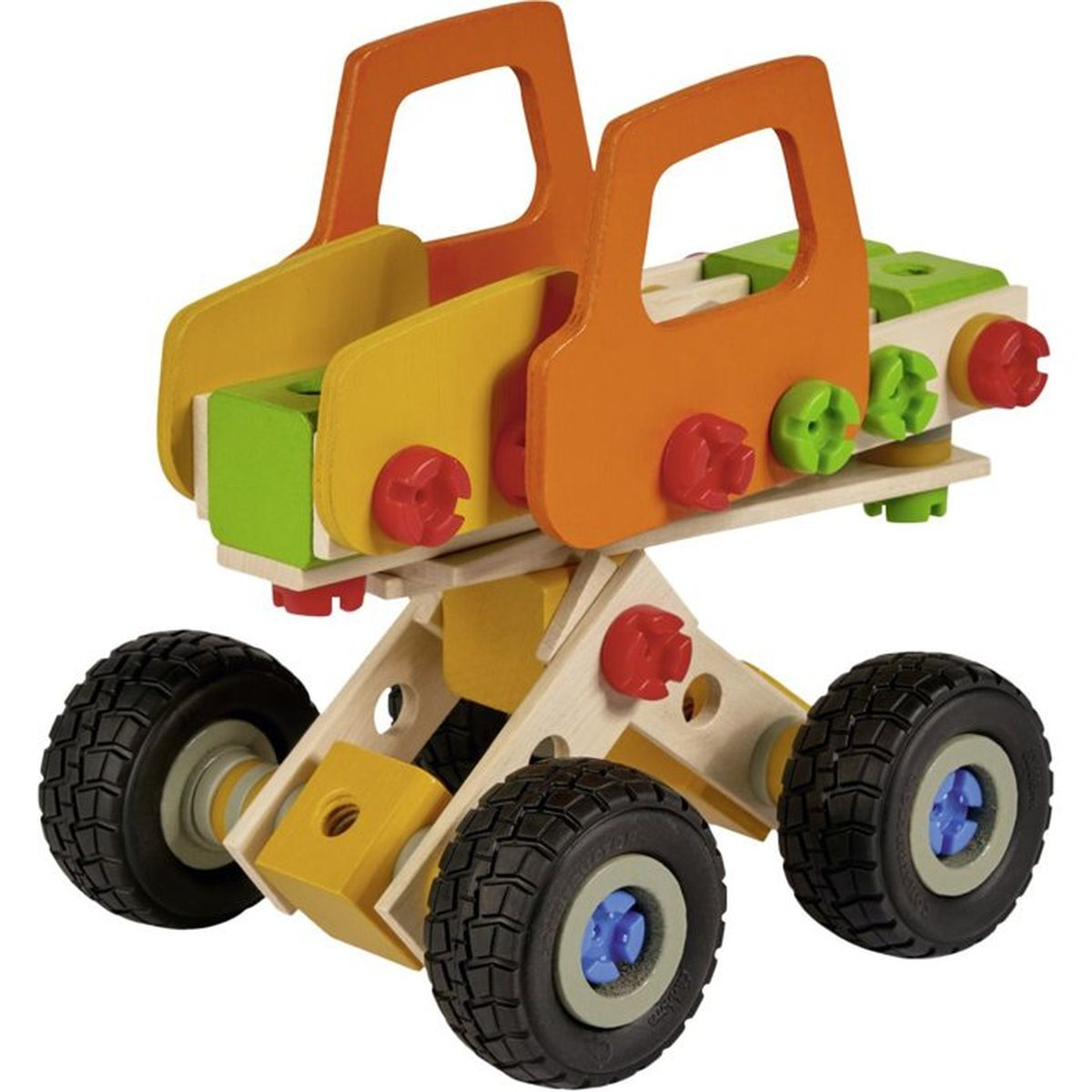 Camioncino giocattolo in legno colorato con parti rosse, verdi, gialle e arancioni e ruote nere.