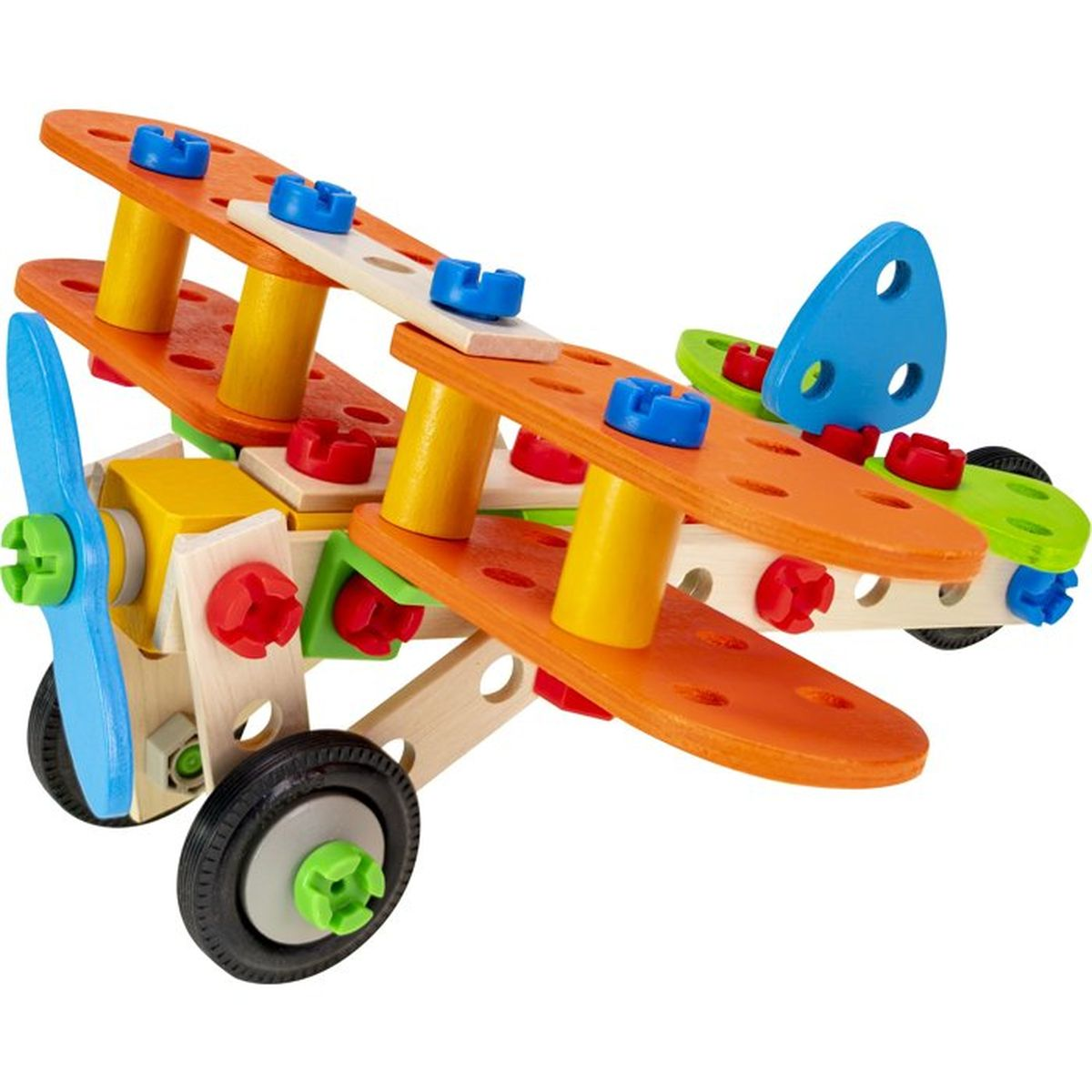 Un aereo giocattolo in legno colorato con ali arancioni ed elica blu.