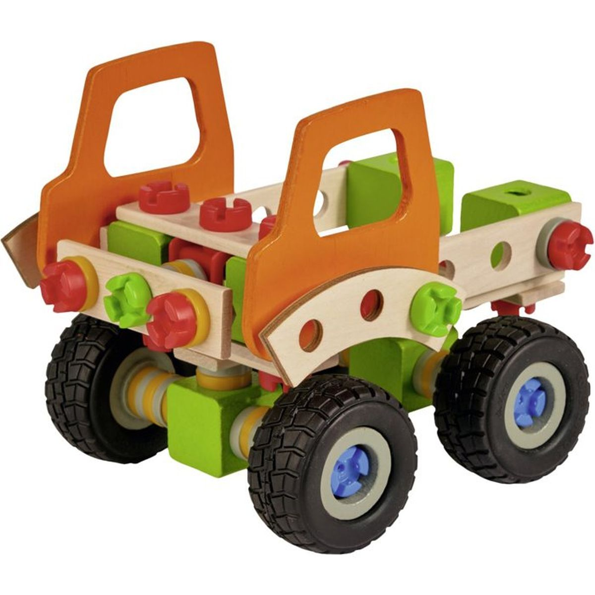 Un colorato camion giocattolo in legno con porte arancioni e blocchi verdi.