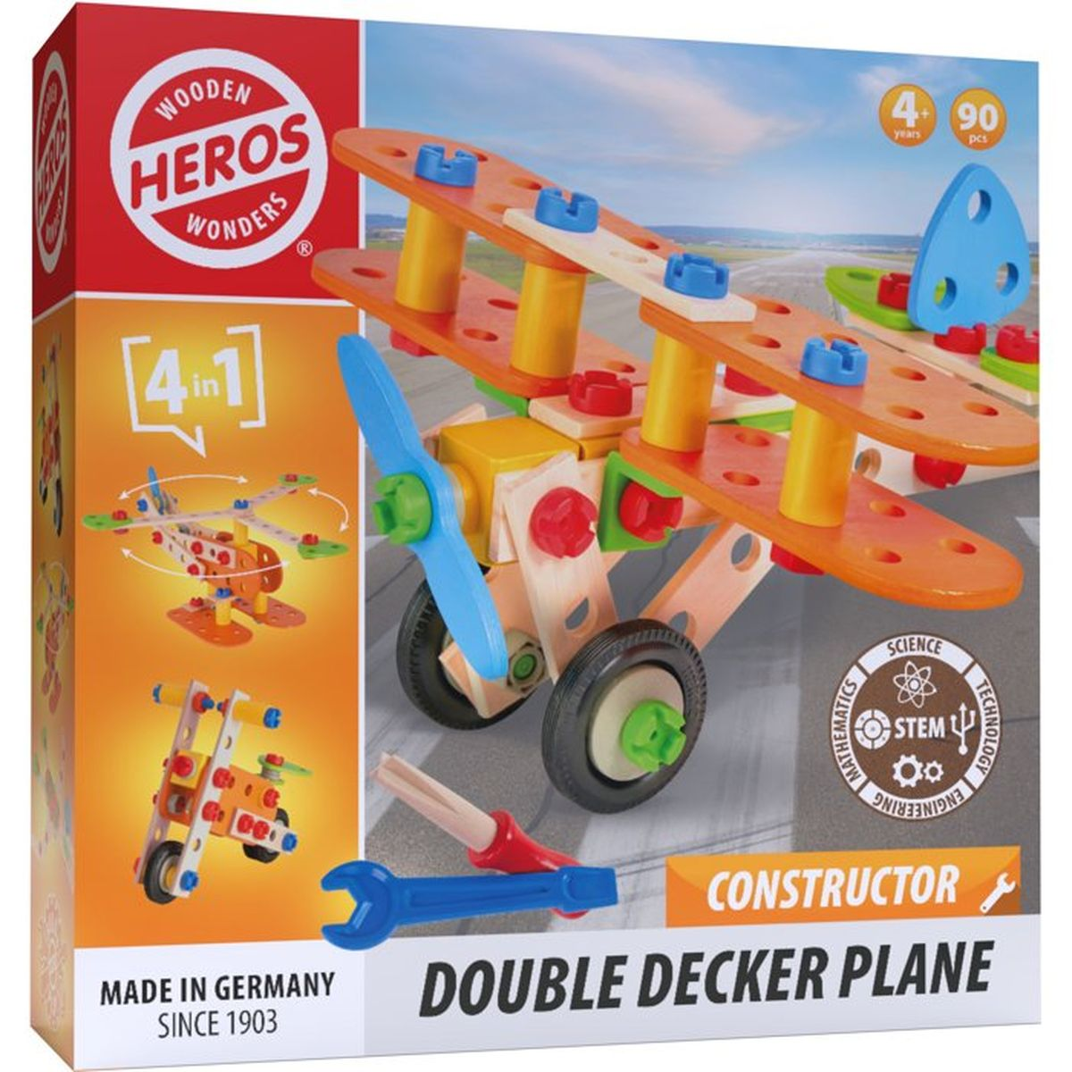 Set di costruzione aereo biplano in legno Wooden Heroes con attrezzi.