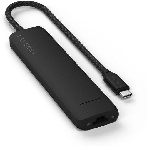 Schwarze Satechi USB-C-Hub mit Ethernet-Anschluss und geflochtenem USB-C-Kabel.