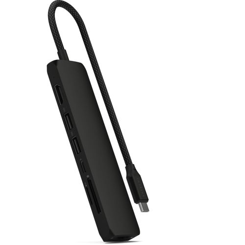 Schwarzer USB-C-Hub mit HDMI-, USB-A- und SD-Kartensteckplätzen.
