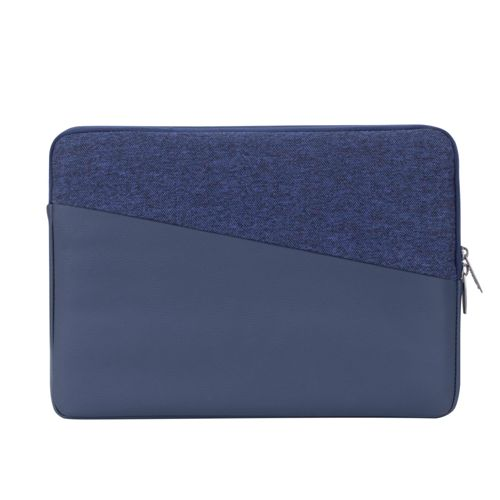 Una custodia blu per laptop in tessuto e pelle con cerniera.