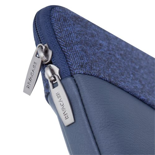 Custodia blu scuro per laptop con due tiretti per cerniera RIVACASE argentati.