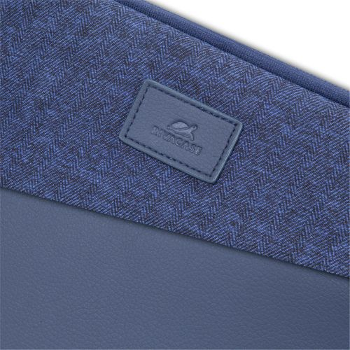 Tessuto blu a spina di pesce con patch logo in pelle.