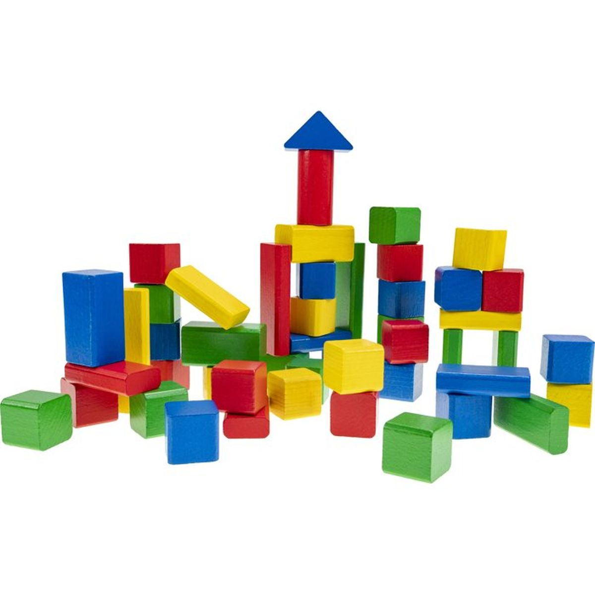 Blocchi di legno colorati impilati in varie forme e dimensioni.