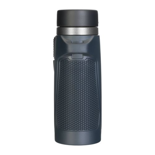 Un monocolo grigio con impugnatura in gomma testurizzata e tappo nero.