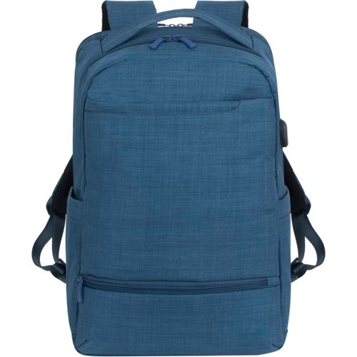 Uno zaino blu con tasche con zip e porta USB.