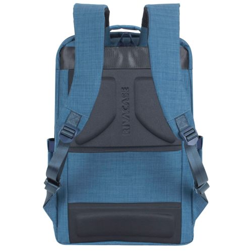 Retro zaino blu Rivacase con cinghie imbottite e canali di ventilazione.