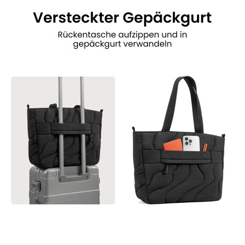 Schwarze gesteppte Tasche auf grauem Rollkoffer; separate Ansicht einer schwarzen Tasche.