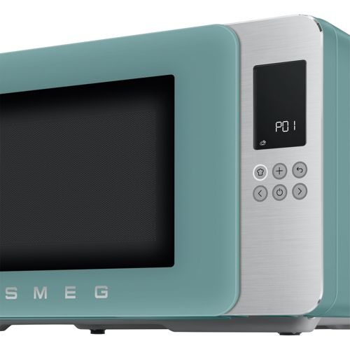 Ein türkisfarbener Smeg-Mikrowellenherd mit silberner Bedienblende und Display.