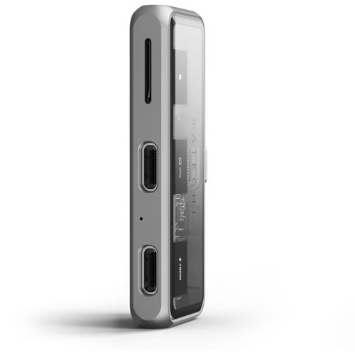 Grauer USB-C-Hub mit zwei Anschlüssen und sichtbarer Platine.