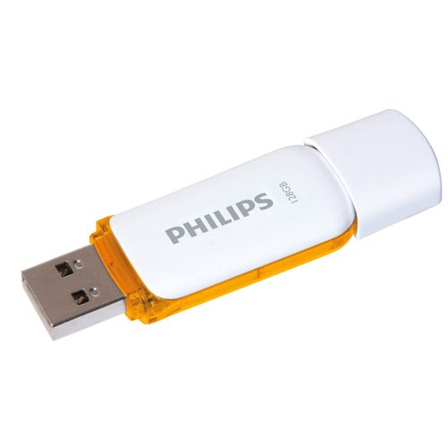 Ein weißer Philips USB-Stick mit 128GB Speicher und orangenem Akzent.