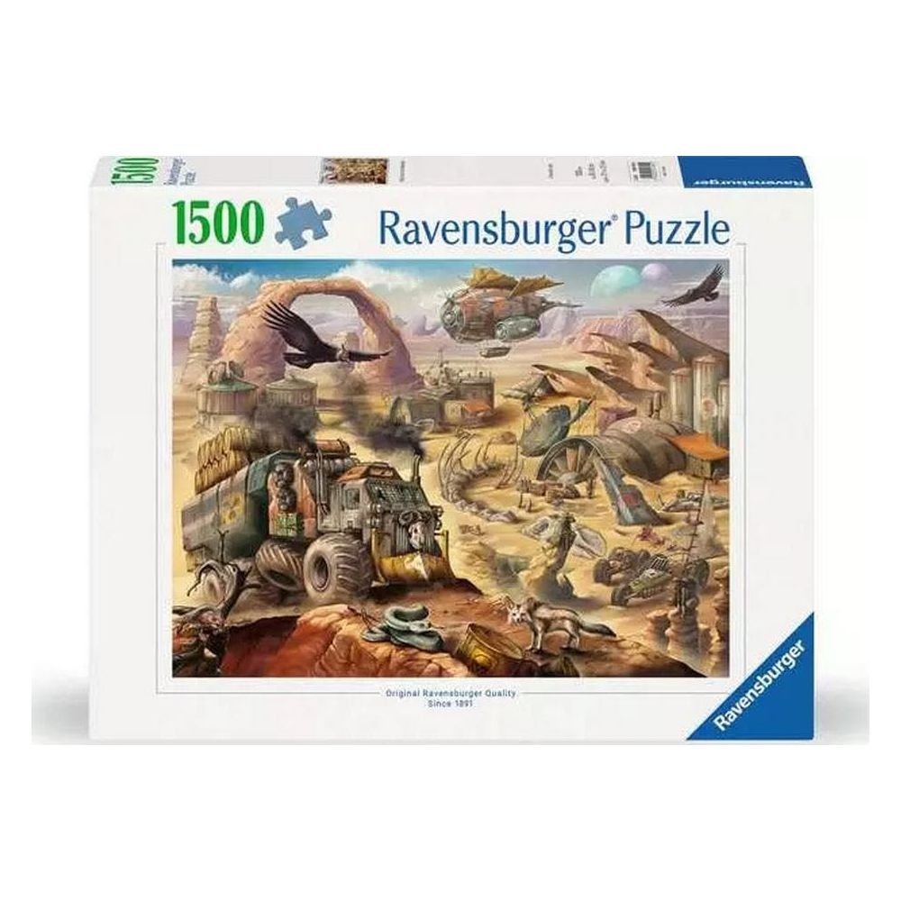Puzzle Ravensburger da 1500 pezzi: paesaggio desertico post-apocalittico con veicoli e macchine volanti.