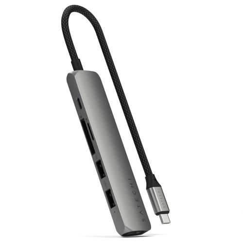 Hub USB-C gris con múltiples puertos, ranura para tarjeta SD y cable trenzado.