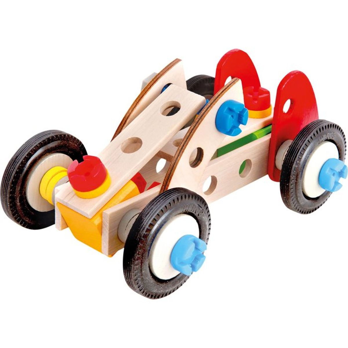 Un'auto giocattolo in legno con parti in plastica rosse, blu, gialle e bianche e pneumatici neri.