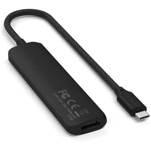 Ein schwarzer USB-C-Adapter mit HDMI-Anschluss und geflochtenem Kabel.