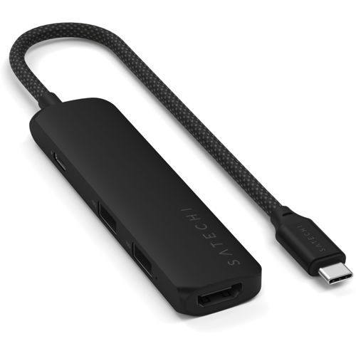 Schwarze Satechi USB-C-Dockingstation mit HDMI, USB-A-Anschlüssen und geflochtenem Kabel.