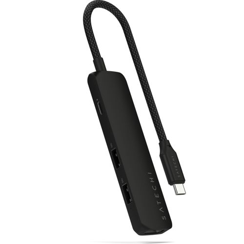 Schwarzer USB-C-Hub mit Kabel und Anschlüssen auf weißem Hintergrund.