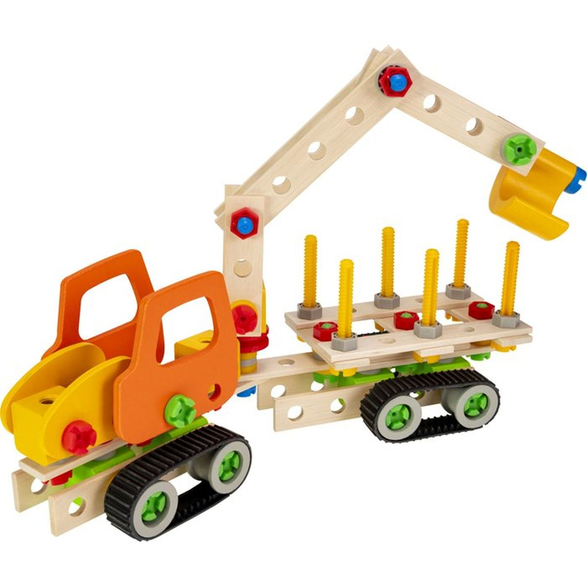 Camion gru giocattolo da costruzione in legno con benna gialla e cabina arancione.