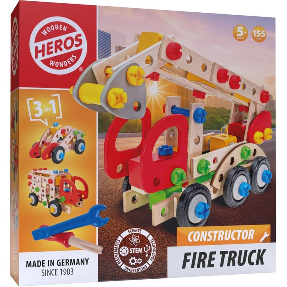 Scatola giocattolo camion dei pompieri costruttore 3-in-1 Wooden Heroes. Prodotto in Germania.