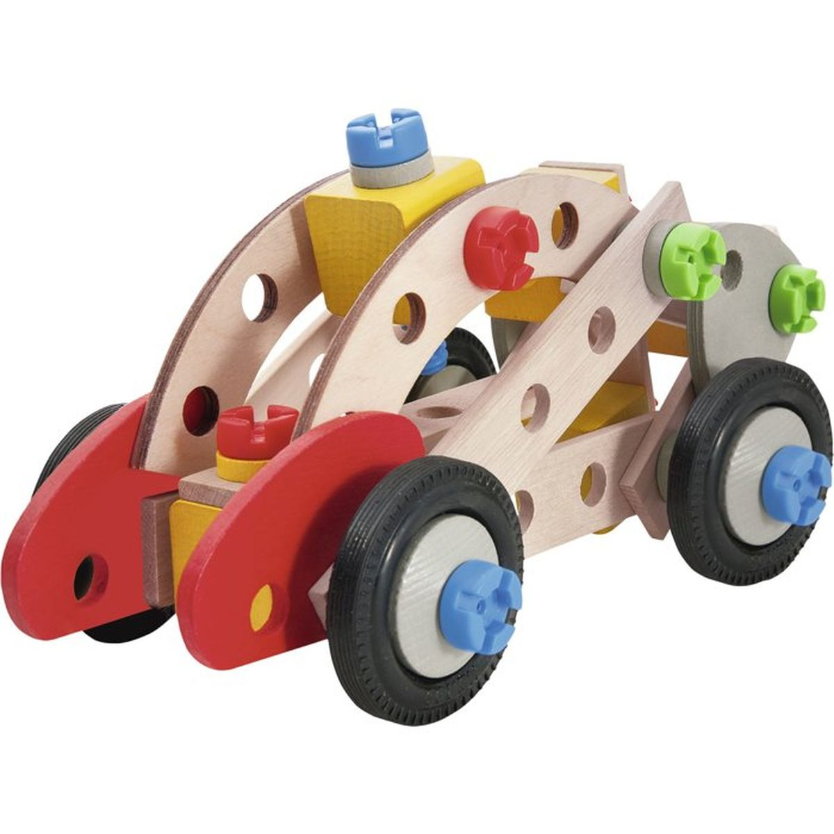 Un'auto giocattolo da costruzione in legno con bulloni e ruote colorate.