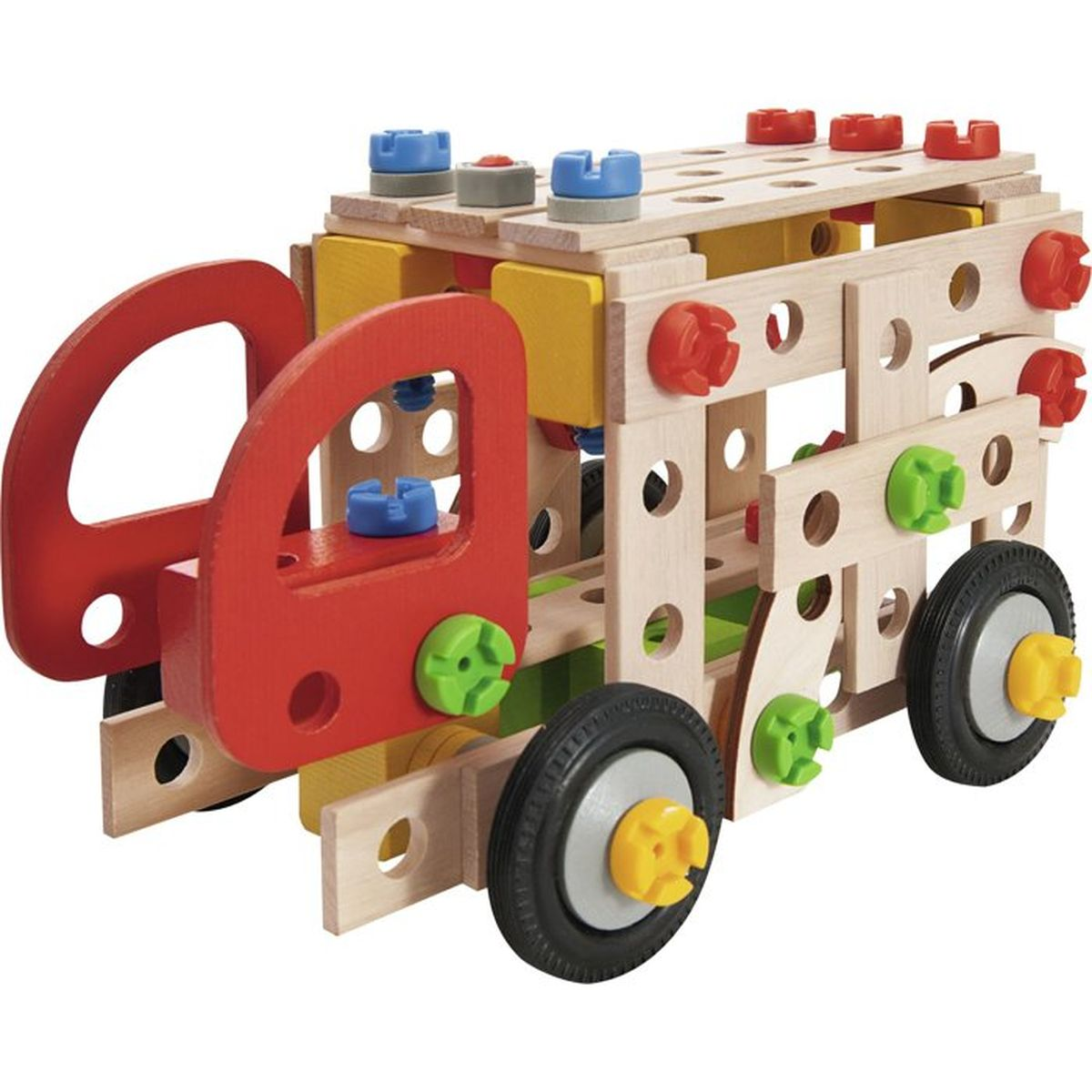 Un camion giocattolo da costruzione in legno colorato con parti rosse, gialle e blu.