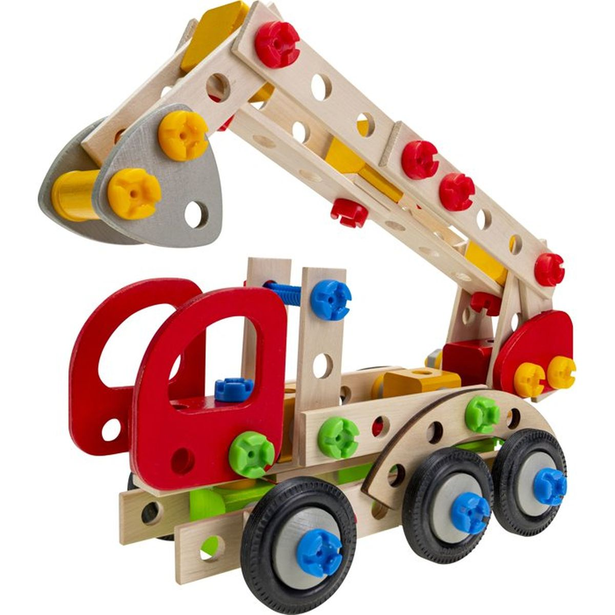 Un camion gru giocattolo in legno colorato con cabina rossa, accenti gialli e braccio grigio.
