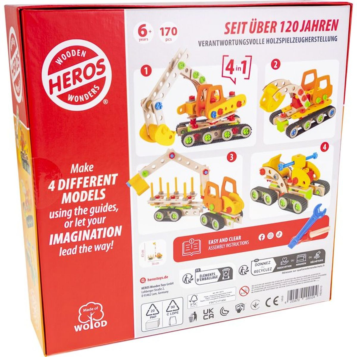 Scatola di un set di costruzioni in legno con 4 modelli, da 6 anni in su.