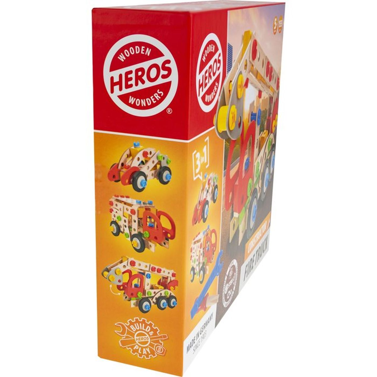 Scatola per giocattoli da costruzione Wooden Heroes. Mostra un camion dei pompieri.