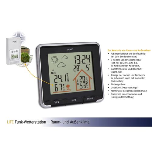 Digitalwetterstation zeigt Innen- und Außentemperatur, Luftfeuchtigkeit und Uhrzeit.
