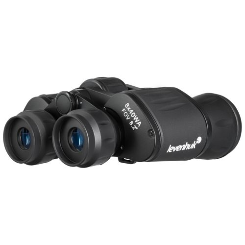 Binocolo Levenhuk nero con lenti blu e scritte.