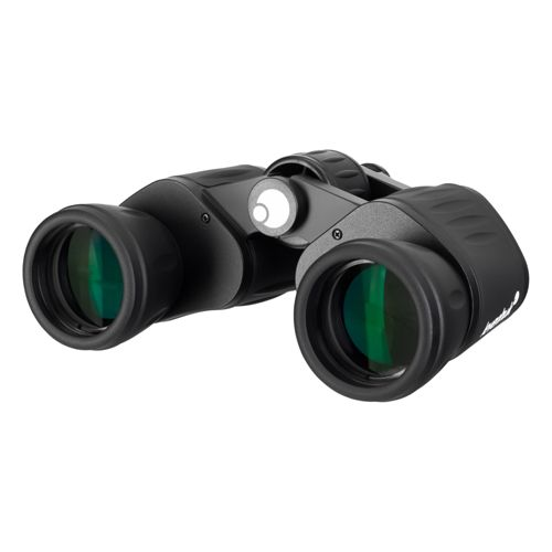 Binocolo nero con lenti verdi e logo bianco sul ponte.