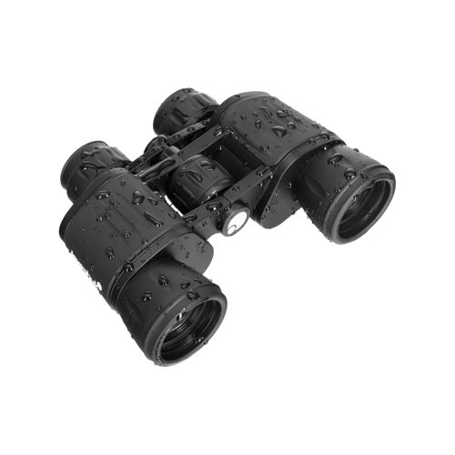 Binocolo nero con gocce d'acqua, su sfondo bianco.