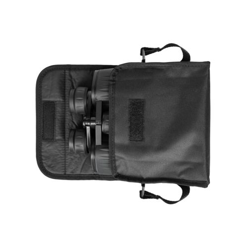 Binocolo nero dentro una custodia in tessuto nero con chiusura in velcro.