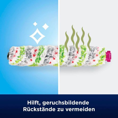 Rullo spazzola pulito a sinistra con icone scintillanti, sporco a destra con icone di fumo.