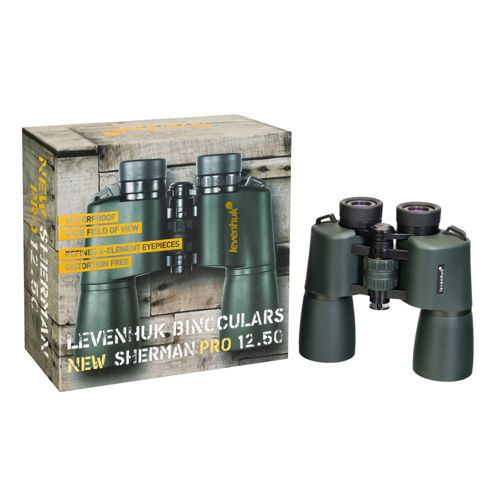 Levenhuk Sherman Pro 12.50 Fernglas und Verpackung auf weißem Hintergrund.
