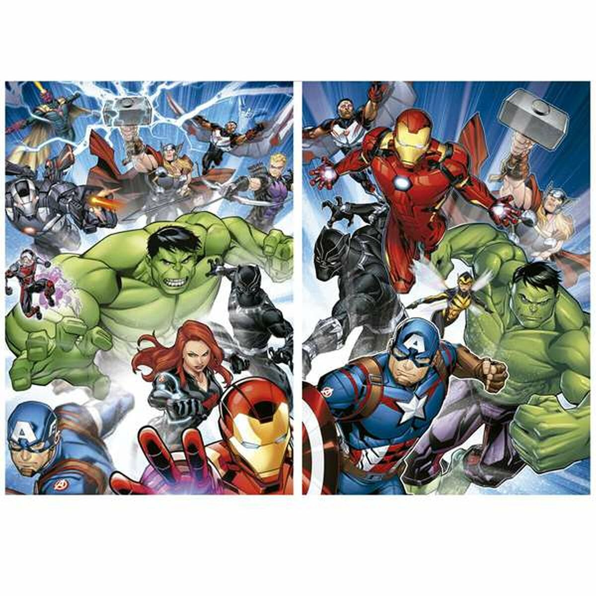 Gli Avengers Marvel si riuniscono: Hulk, Iron Man, Captain America, Vedova Nera, Thor, Black Panther.